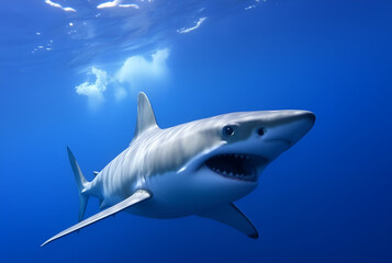 Fototapeta premium Great White Shark in the Deep Blue, Generative AI
