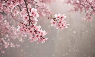 Naklejka premium Delicate pink sakura petals drift against a soft-focus spring backdrop , spring background, floral