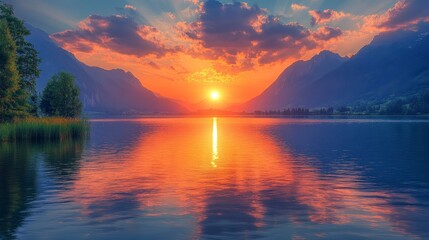 Serene sunset over a lake, with mountains, sky, clouds, and reflections
