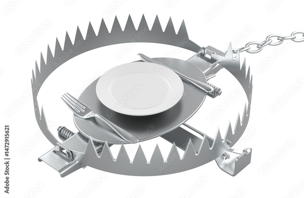 Poster bear trap with plate, knife and fork. diet concept, 3d rendering isolated on transparent background