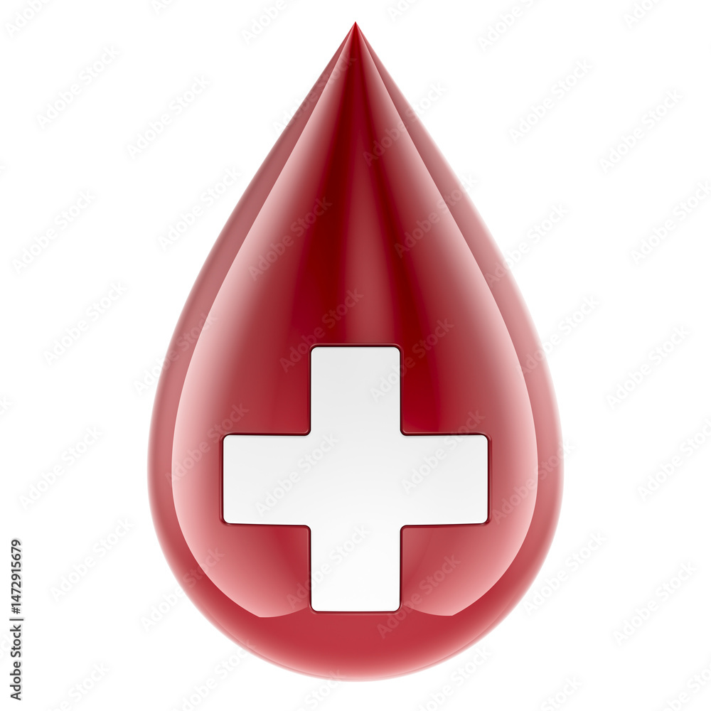 Poster blood drop with white cross. 3d rendering isolated on transparent background