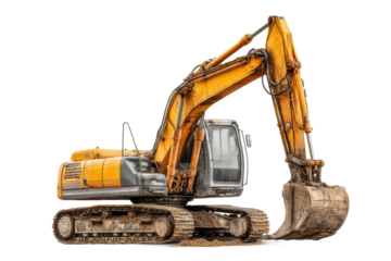 PNG Large yellow excavator on dirt with extended arm and bucket