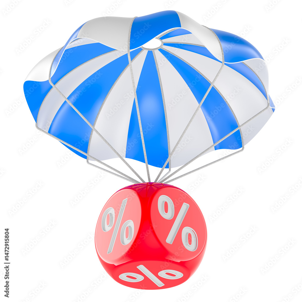 Poster parachute with red discount cube, 3d rendering isolated on transparent background