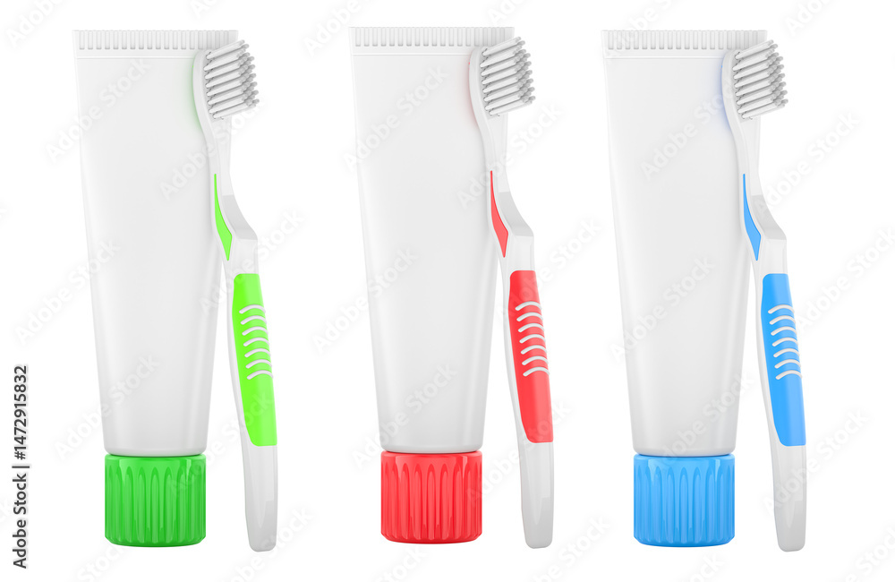 Poster set of toothpaste tubes with toothbrushes. 3d rendering isolated on transparent background