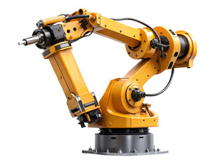 Highly detailed yellow industrial robot arm on transparent background displaying advanced mechanics