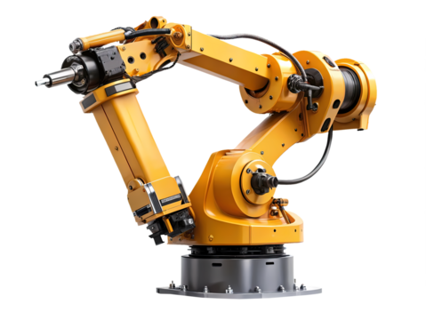 Highly detailed yellow industrial robot arm on transparent background displaying advanced mechanics