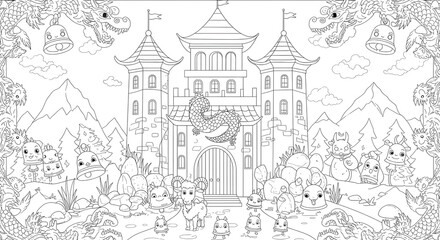 Obraz premium Enchanted Asian Castle Coloring Page Dragons, Animals & Fantasy