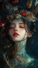Naklejka premium Asian Woman with Closed Eyes Adorned with Flowers and Jewels in Dark Tones