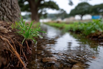 Obraz premium A vibrant close-up of a young plant thriving next to a serene water stream, showcasing nature's resilience and the beauty of fresh life in a tranquil setting.