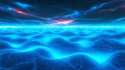 Fototapeta premium Blue Fractal Net Expanding Across a Three Dimensional Cloud Pattern With Bright Neon Effects and Wave Motion