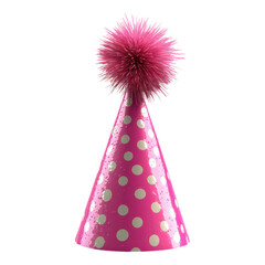 Pink party hat with white polka dots and a fluffy pom-pom on top.