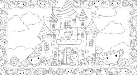 Obraz premium Adorable Castle Coloring Page Cute Teacups and Cookies