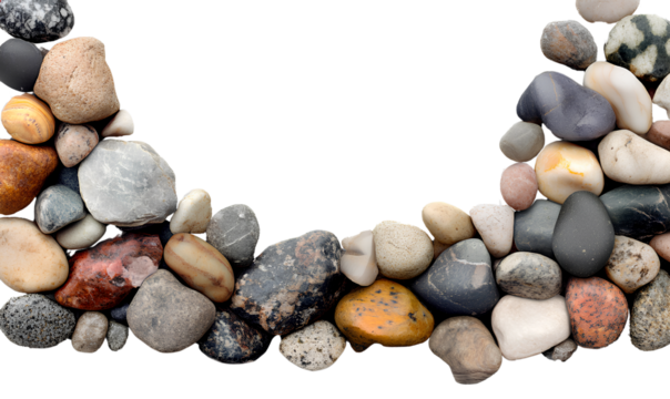 Colorful pebbles and stones piled on a transparent background, in a PNG file. The collection includes rocks of various shapes,