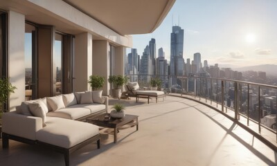Fototapeta premium Sun-drenched luxury high-rise apartment, spacious balcony, panorama, property, apartment