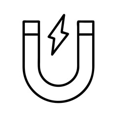 black and white icon of horseshoe magnet with lightning bolt symbol, minimal outline warning for magnetic or electromagnetic field hazard, isolated vector illustration