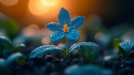 Dew-kissed blue flower blooming amidst lush greenery, illuminated by warm light