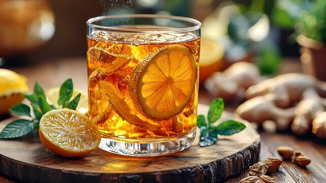 A refreshing glass of iced ginger and citrus infusion with fresh ginger slices and oranges on a rustic wooden table. Warm sunlight highlights the golden hues of the beverage