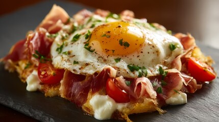 Huevos Rotos con jamon. Broken eggs and ham, Madrid cuisine