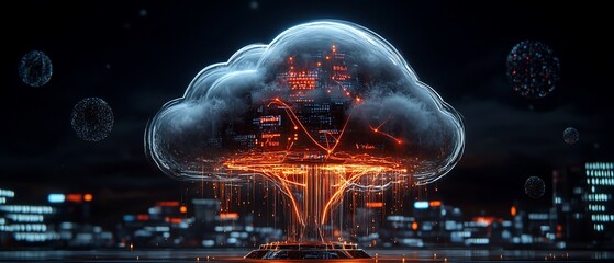 Glowing cloud data center over a cityscape at night