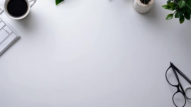Workspace Overhead Still Life with Coffee, Keyboard and Potted Plant on White Desk