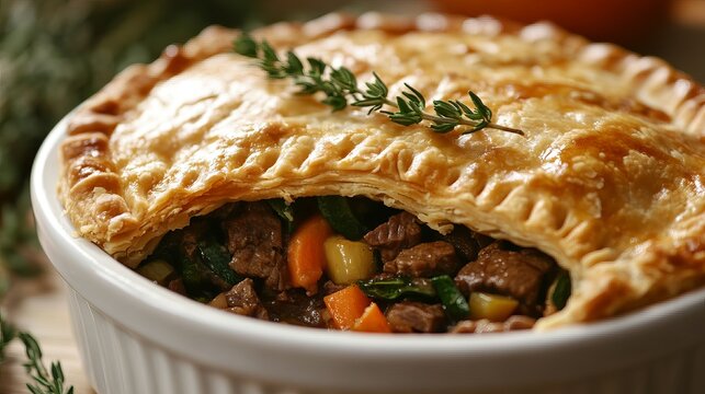 Delicious homemade beef stew pie with flaky pastry golden crust food meat warm dish meal lunch tasty