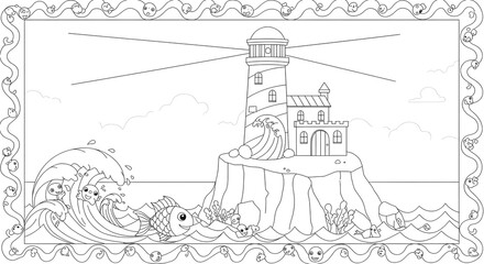 Obraz premium Lighthouse Coloring Page Coastal Scene with Waves and Fish