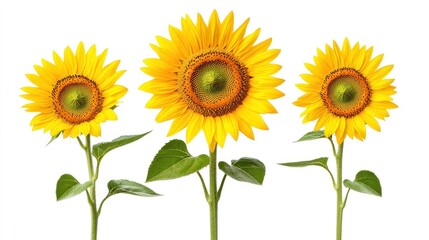 Obraz premium Three sunflowers, isolated on white background, bright yellow petals, dark center, green leaves, botanical image