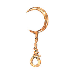 Watercolor illustration rustic, rusty crescent moon shaped sickle. For themes herbalism, magic, witchcraft and pagan rituals. For designs fantasy, folklore, esoteric practic and natural medicine.