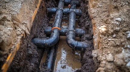 Underground Pipes Installation: Detailed View of Water or Sewer System in a Trench
