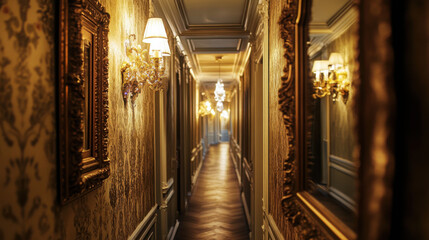 Fototapeta premium Modern Corridor Interior Design with Mirror and Elegant Lighting