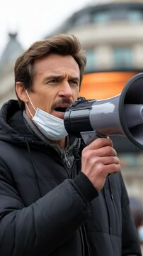Man with mustache speaks into megaphone with mask pulled down in outdoor urban public setting during daylight demonstrating in a black puffer jacket