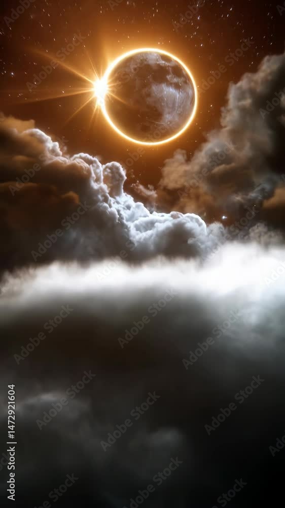 Poster stunning eclipse scene over a cloudy sky with a bright light effect in a universe full of stars.