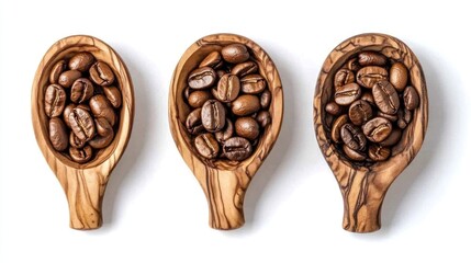 Three wooden spoons filled with coffee beans