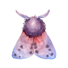 Watercolor illustration of mystical moth with purple and blue wings, symbolizing transformation, intuition, and night magic. Perfect for esoteric projects, rituals, Wicca, and mystery-themed designs.
