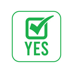 Simple green checkmark icon in outlined square on white, bold 'YES' below. Modern minimalist symbol for approval/verification. Bright green/white palette, centered composition. © bibin