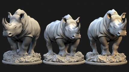 Three-dimensional rhino sculptures, various angles