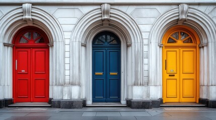Three Colorful Doors in Elegant Archways on a Classic Building