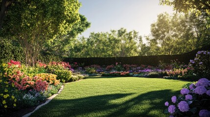 Serene Garden: Lush Greenery, Blooming Flowers, Sunny Day