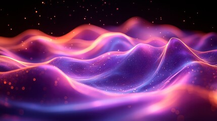 Abstract wavy forms glowing with purple, blue and orange hues, on a dark speckled background