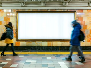 big horizontal blank poster in subway station, people walking by with motion blur effect,banner,empty