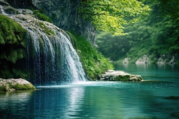 Fototapeta premium Tranquil waterfall cascading into a serene lake. Lush greenery surrounds the scene