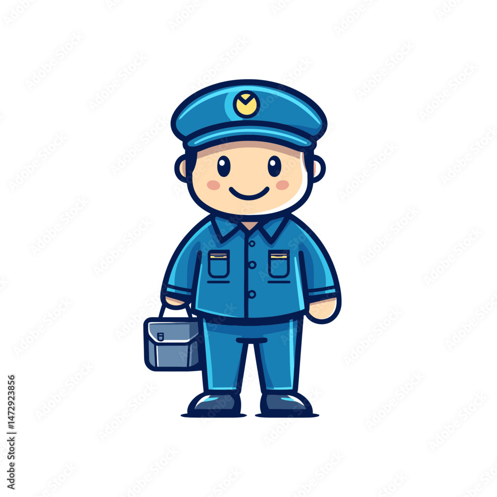 Poster mail carrier character in simple flat design delivering mail in a cheerful and friendly manner with 