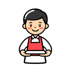 Cartoon waiter character holding a tray in a simple flat design, ready to serve food