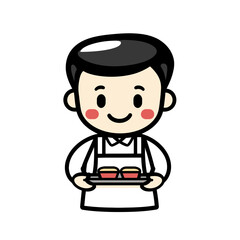 Obraz premium Friendly waiter character holding a tray with food in a simple flat cartoon design for hospitality illustrations