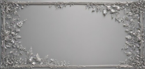 Silver scrollwork frame with delicate vine and leaf details, creating a lavish border ,  swirls,  elegant design