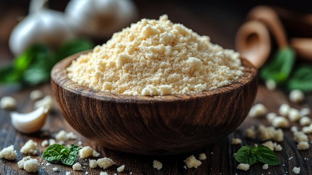 Ground cheese fills a wooden bowl on rustic surface