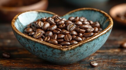 Fototapeta premium Coffee beans filling a heart-shaped bowl on rustic wooden surface, closeup, brown and blue tones