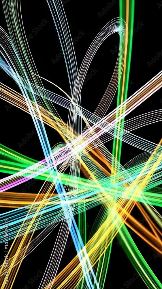 Poster abstract luminous trails creating dynamic patterns against a dark backdrop, utilizing vibrant colors
