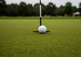 Golf ball resting near hole on green grass with flagstick in background showcasing sport precision