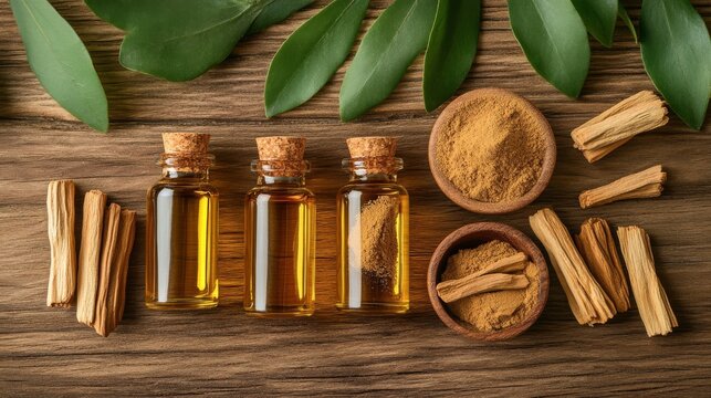 Selective focus is applied to chandan or sandalwood powder, traditional mortar, sandalwood sticks, perfume or oil, and green leaves